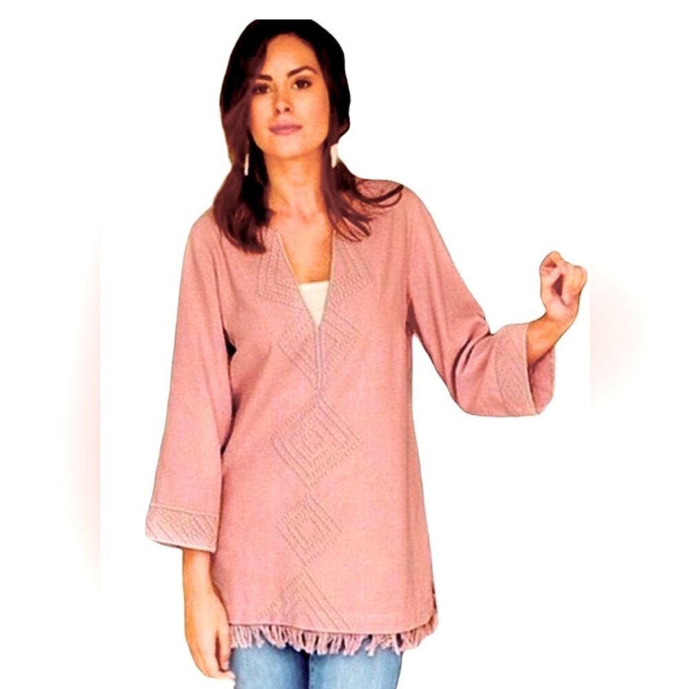 Soft Surroundings Tunic Top Size Small Pink 100% Linen Blouse Fringe Trim